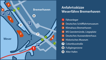 Karte der Geesteeinfahrt in Bremerhaven mit dem Fähranleger und anderen wichtigen Orten in der Umgebung